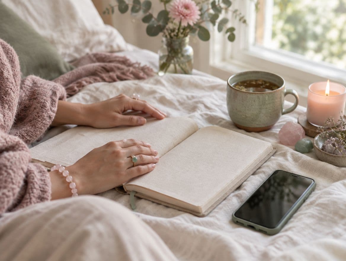 A journal, phone and candle ready for a session